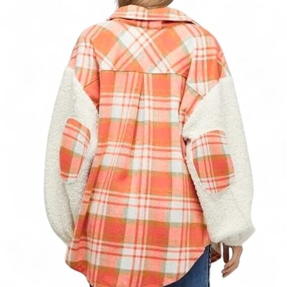 NWT Sherpa Sleeve Flannel Shacket Jacket Size S Orange White Plaid Western Boho - Picture 9 of 12